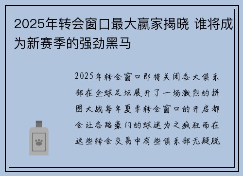 2025年转会窗口最大赢家揭晓 谁将成为新赛季的强劲黑马